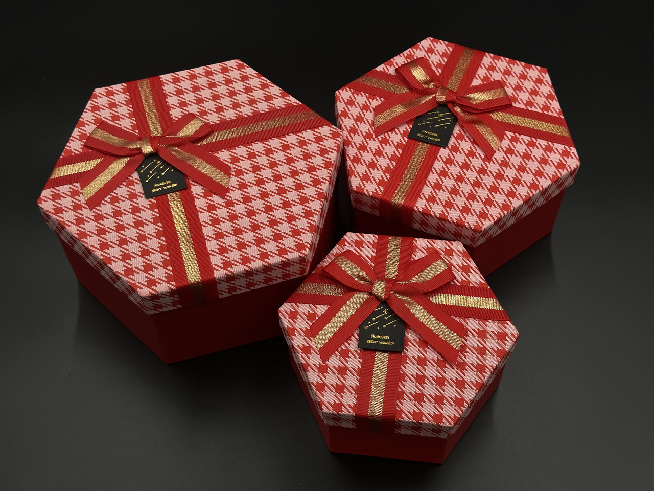 Коробка подарункова шестикутна з бантиком. 3шт/комплект. Колір червоний. 19х10см, фото 1