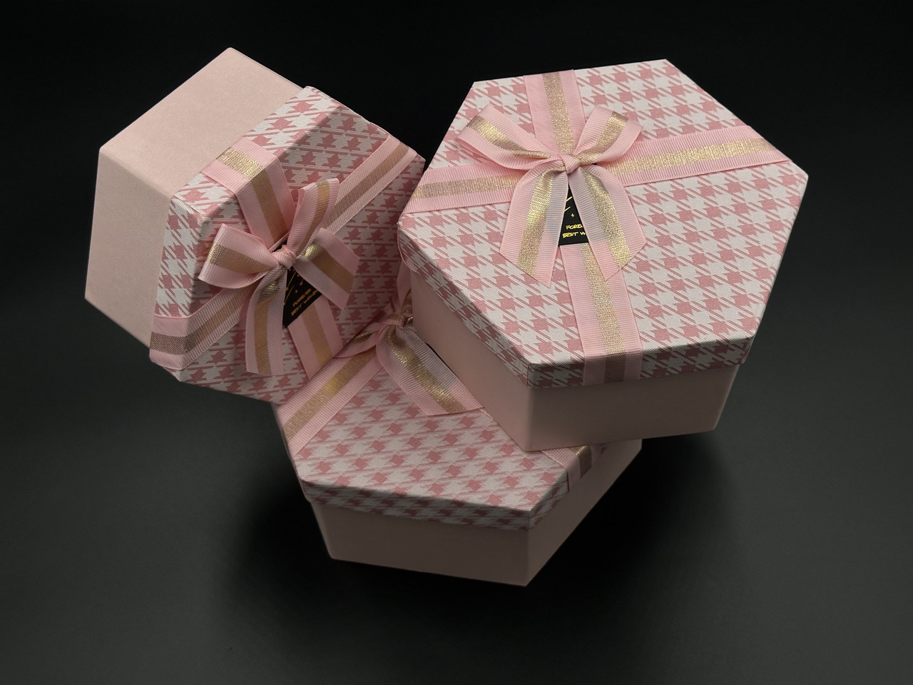 Коробка подарункова шестикутна з бантиком. 3шт/комплект. Колір рожевий. 19х10см, фото 1