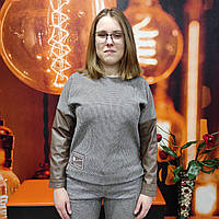 Бомбер жіночий твід теплий спущений рукав екошкіра 42 бежевий