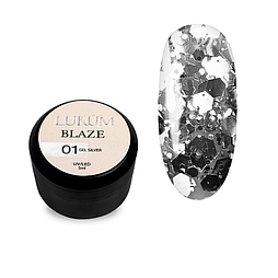 Гель для дизайну Lukum Blaze Gel №01 Silver глянцевий з мідними блискітками без липкого шару, 5 мл