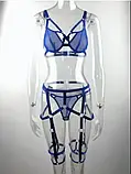 Жіночий комплект білизни у синьому кольорі з портупеєю та багетами, фото 2