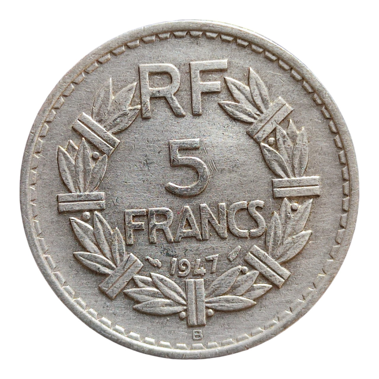 Франція 5 франків, 1947 Алюміній (сірий колір) Мітка монетного двоору: "В" - Бомон-ле-Роже, фото 1