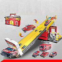 Автотрек з катапультою дитяча Пожежна станція парковка 2в1 гараж гоночна траса з механічним запуском