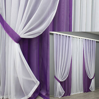 Комплект декоративних штор та гардини з шифону. Колір фіолетовий з білим. Код 024дк 11-0209