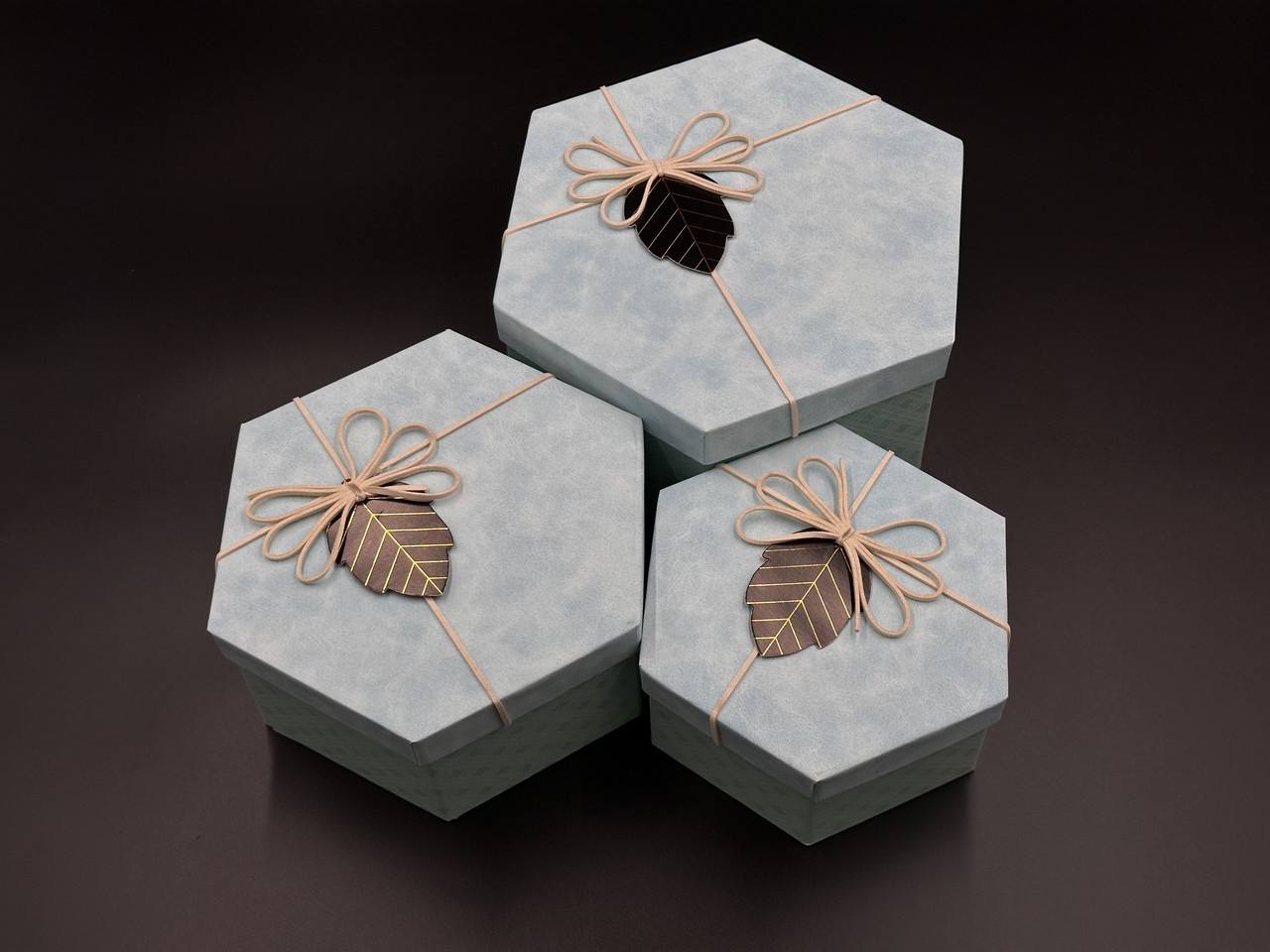 Коробка подарункова шестикутна з бантиком. 3шт/комплект. Колір блакитний. 19х10см., фото 1