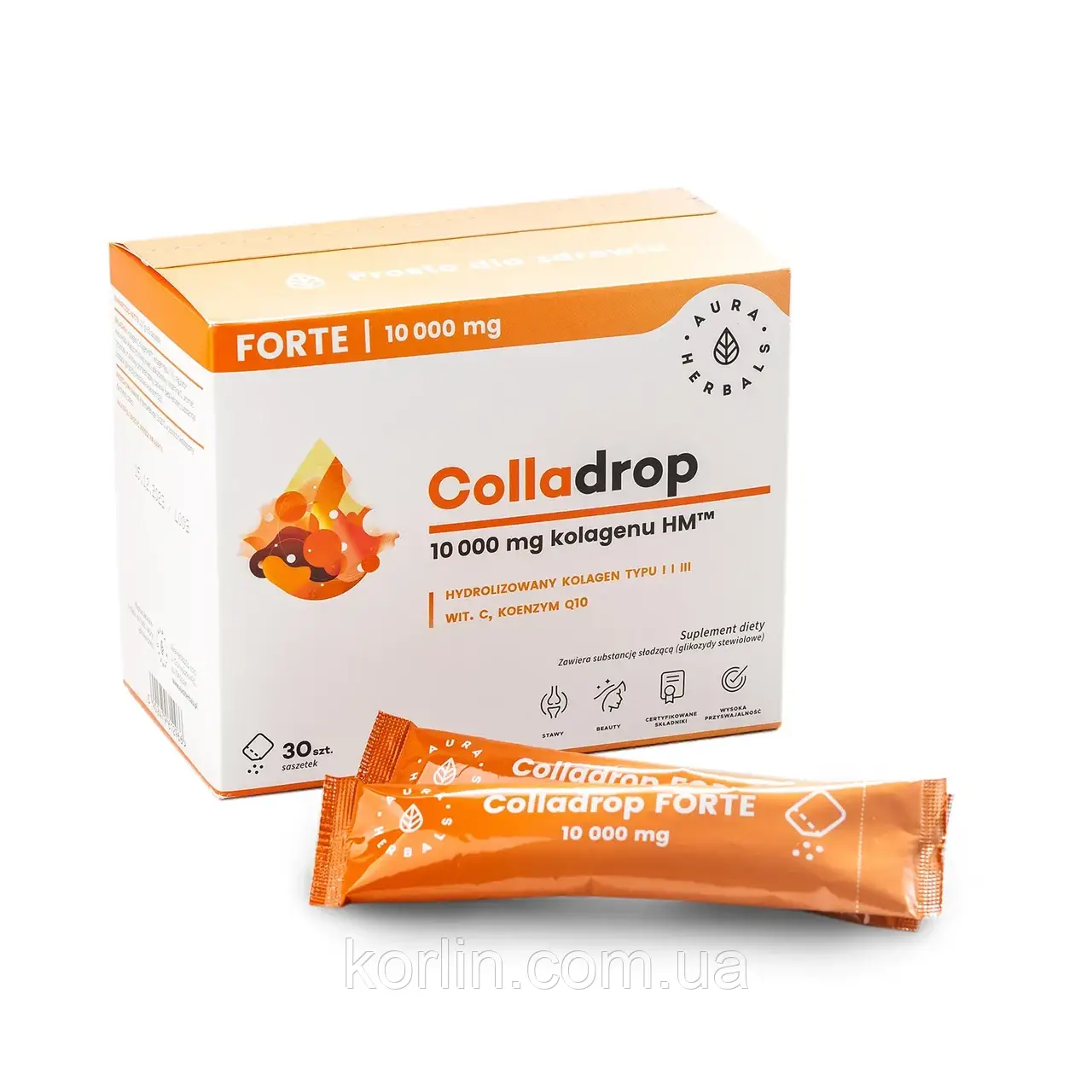 Колаген Морський 10000 мг 30 саше Aura Herbals Colladrop Forte Kolagen 10000 mg Доставка з ЄС, фото 1