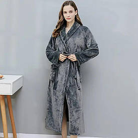 Зручний жіночий довгий теплий махровий халат для дому сауни лазні колір сірий розмір M