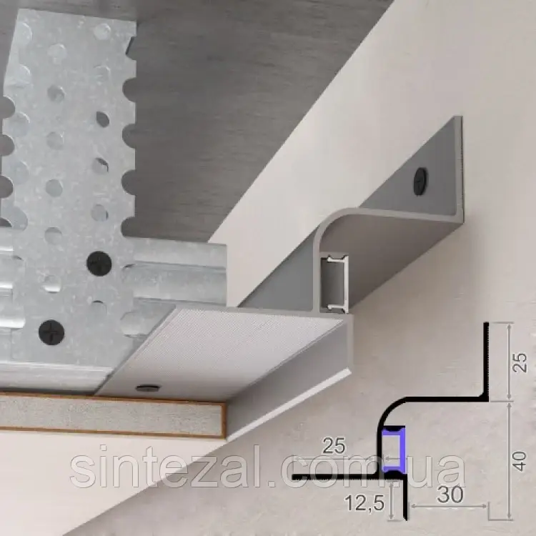 Алюмінієвий профіль тіньового шва з LED-підсвічуванням Sintezal APTL-30, 30х40х2500 мм.