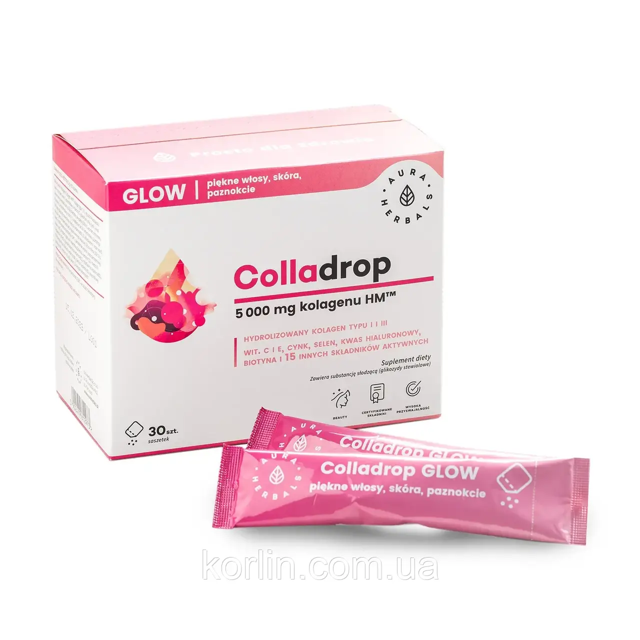 Колаген Морський 5000 мг Комплекс для волосся 30 саше Aura Herbals Colladrop Glow Kolagen 5000 mg Доставка з ЄС