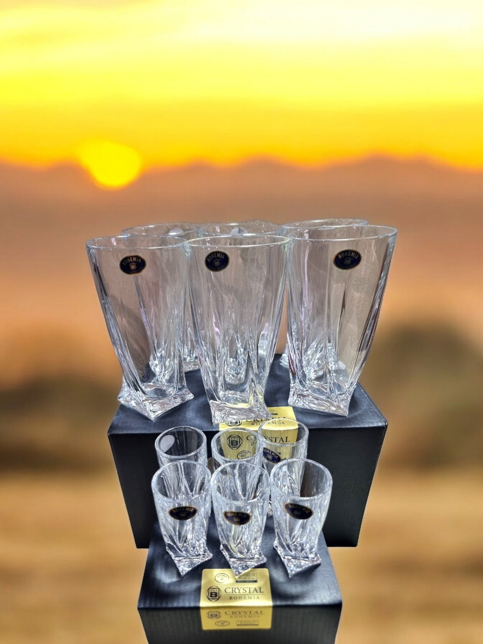 Набір Bohemia Чехія серія Quadro 12 предметів (склянки для води 350 мл 6 шт + чарки для горілки/лікеру/шотів 50 мл -6 шт), фото 1