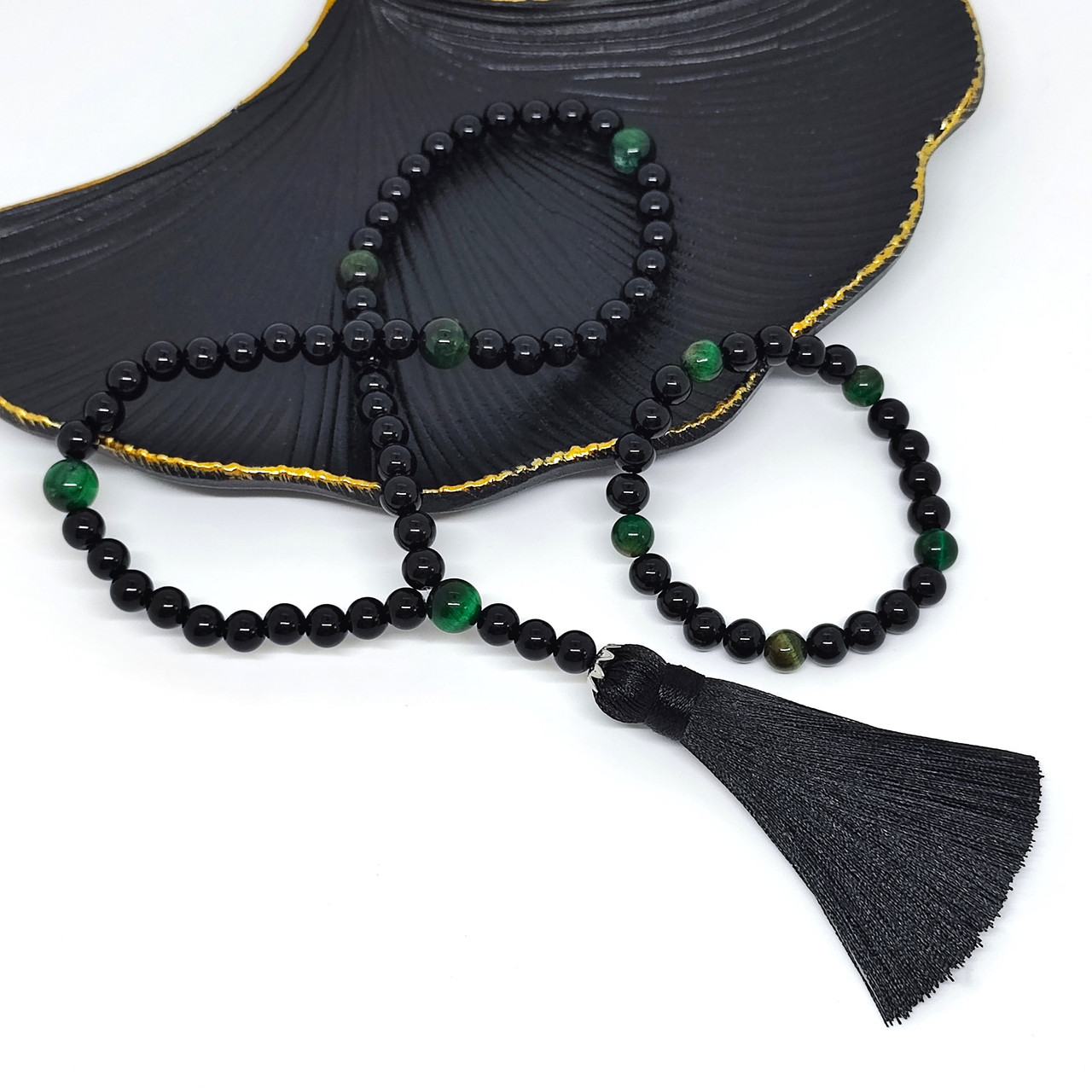 Вервиця з каменю соколине око та чорний онікс на 50 бусин з браслетом в комплекті, фото 1