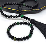 Вервиця з каменю соколине око та чорний онікс на 50 бусин з браслетом в комплекті, фото 2