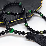 Вервиця з каменю соколине око та чорний онікс на 50 бусин з браслетом в комплекті, фото 5