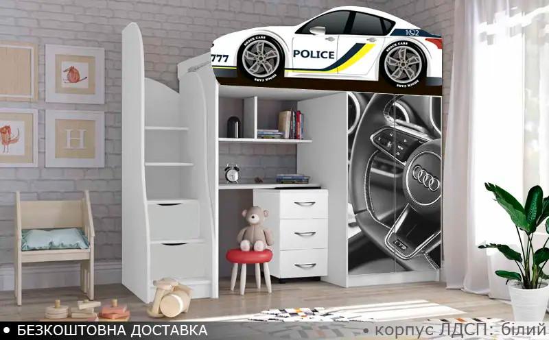 Ліжко горище Поліція, ліжко горка з робочою зоною, ліжко кімната з шафою
