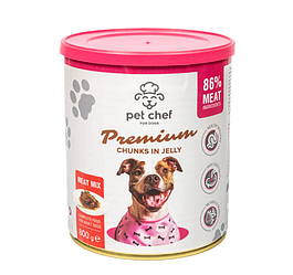 Pet Chef - Консервований корм для собак шматочки в желе м'ясний мікс 800 г