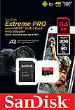 Карта пам'яті microSDXC (UHS-1 U3) SanDisk Extreme Pro A2 64Gb class 10 V30 (R200MB/s,W90MB/s) (adapter) (SDSQXCU-064G-GN6MA), фото 3