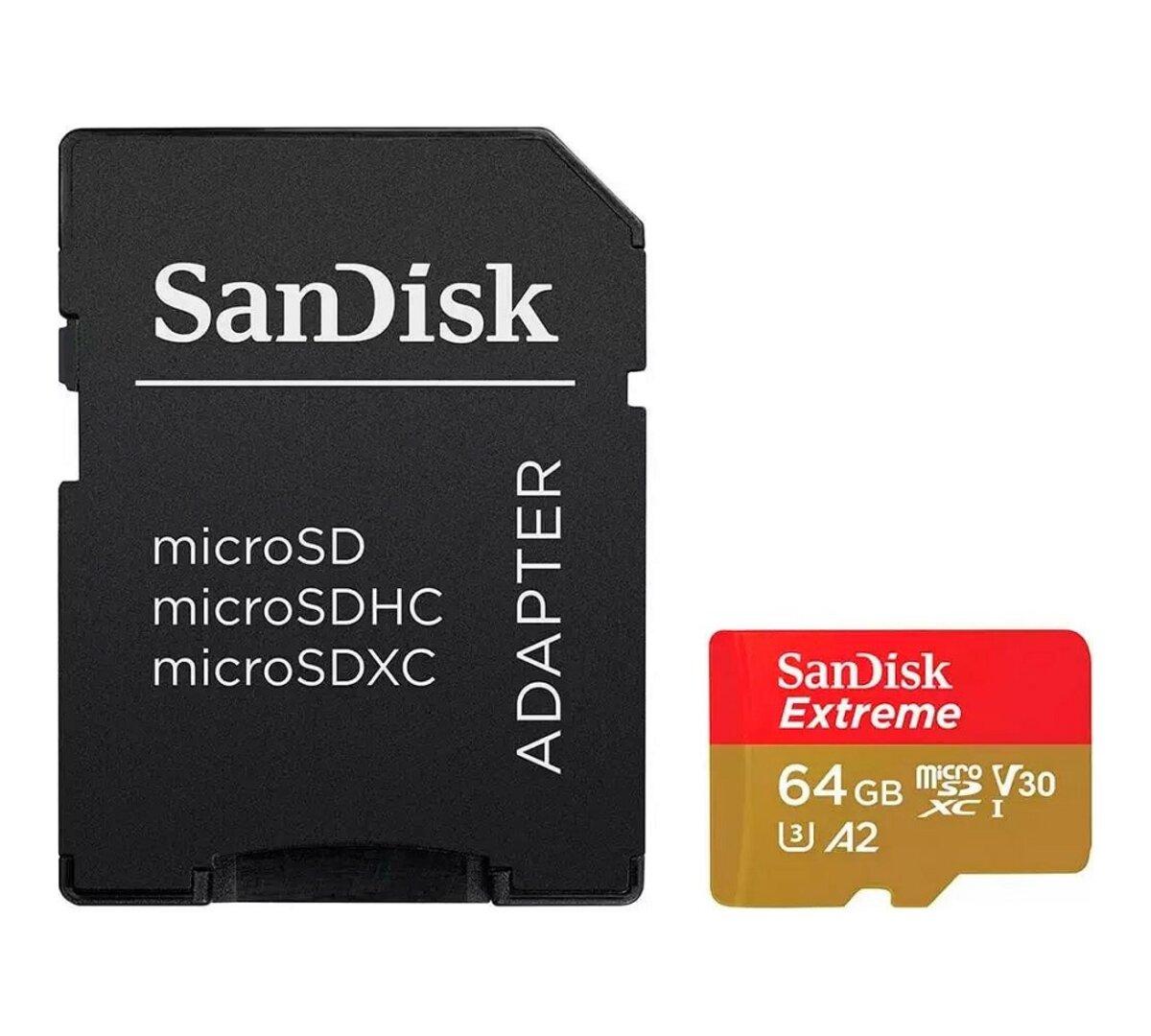 MicroSDXC (UHS-1 U3) SanDisk Extreme For Action Cams and Drones A2 64Gb class 10 V30 (R170MB/s,W80MB/s) (adapter)