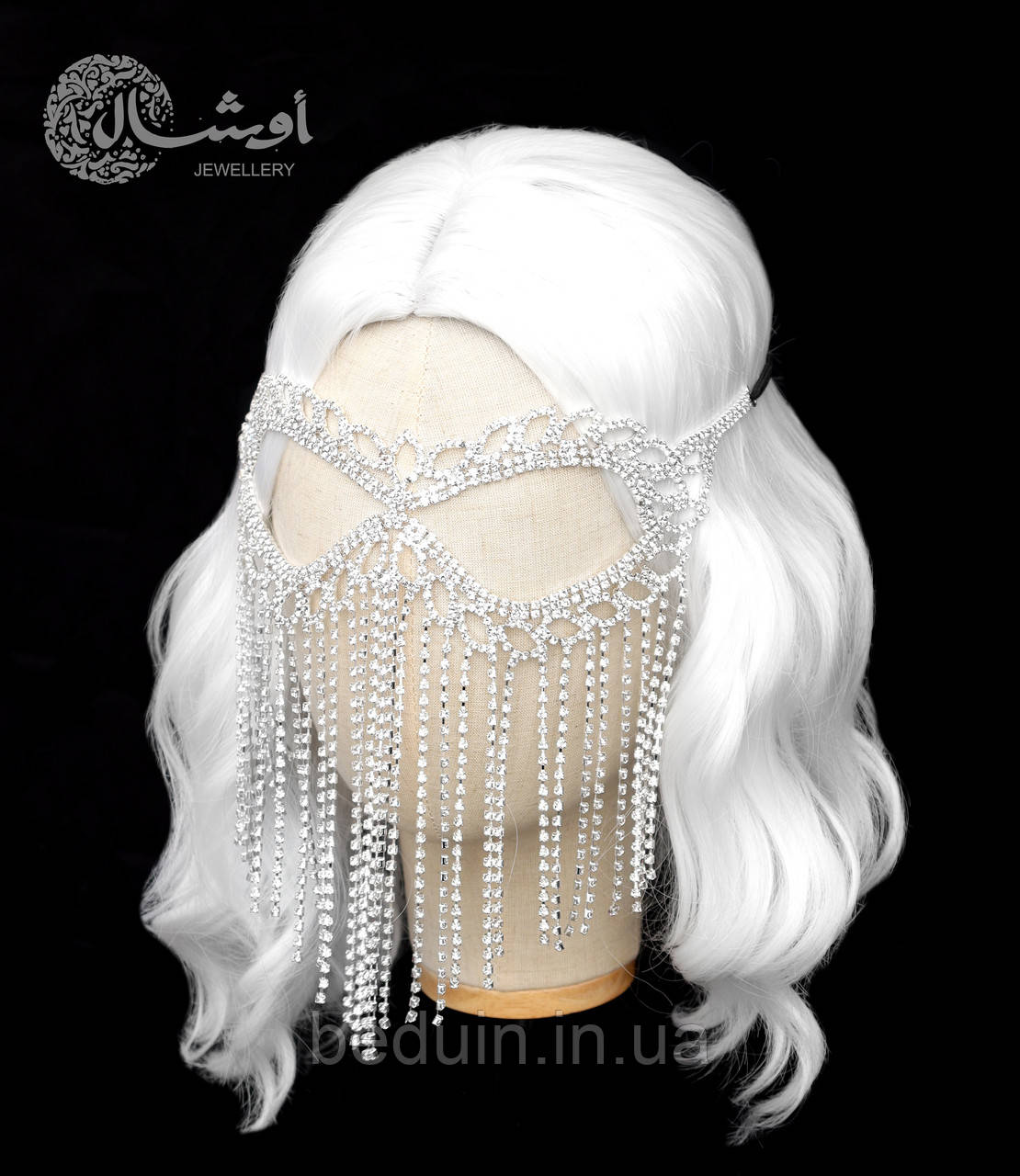 Шикарна прикраса Маска на обличчя зі страз "Східна Красуня" для фотосесії — срібляста Aushal Jewellery