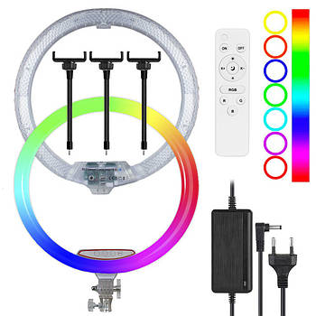 Кільцева RGB лампа 45см, з пультом та 3-ма тримачами, 220В, 3D-J45 / Світлодіодна лампа для селфі