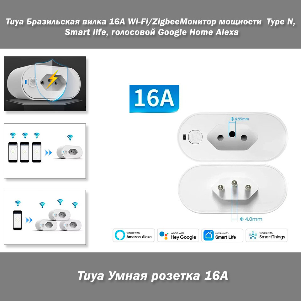 Tuya Розумна розетка, Бразильська вилка 16A Wi-Fi/Zigbee Монітор потужності Type N, Smart life, фото 1