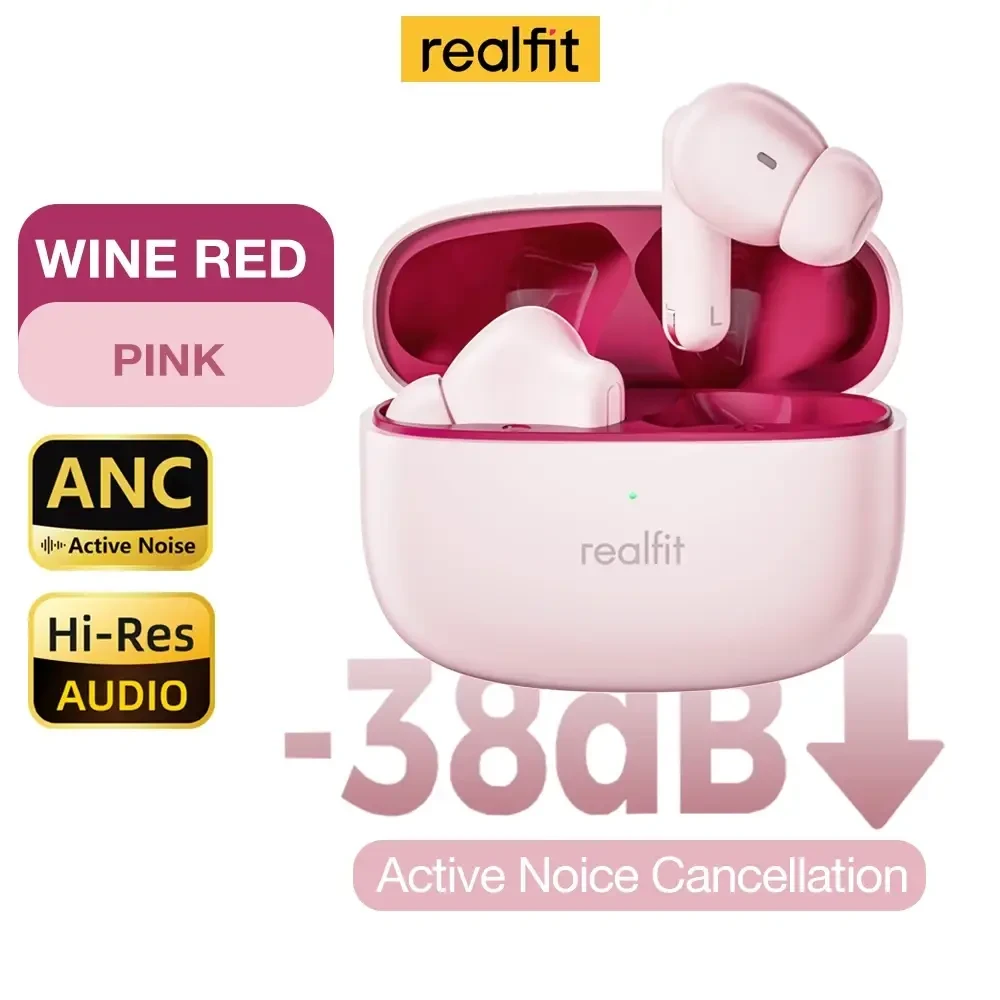 Бездротові навушники Realfit F3, Bluetooth 5.4, активне шумоподавлення 38dB ,4 мікрофони, рожево-красні