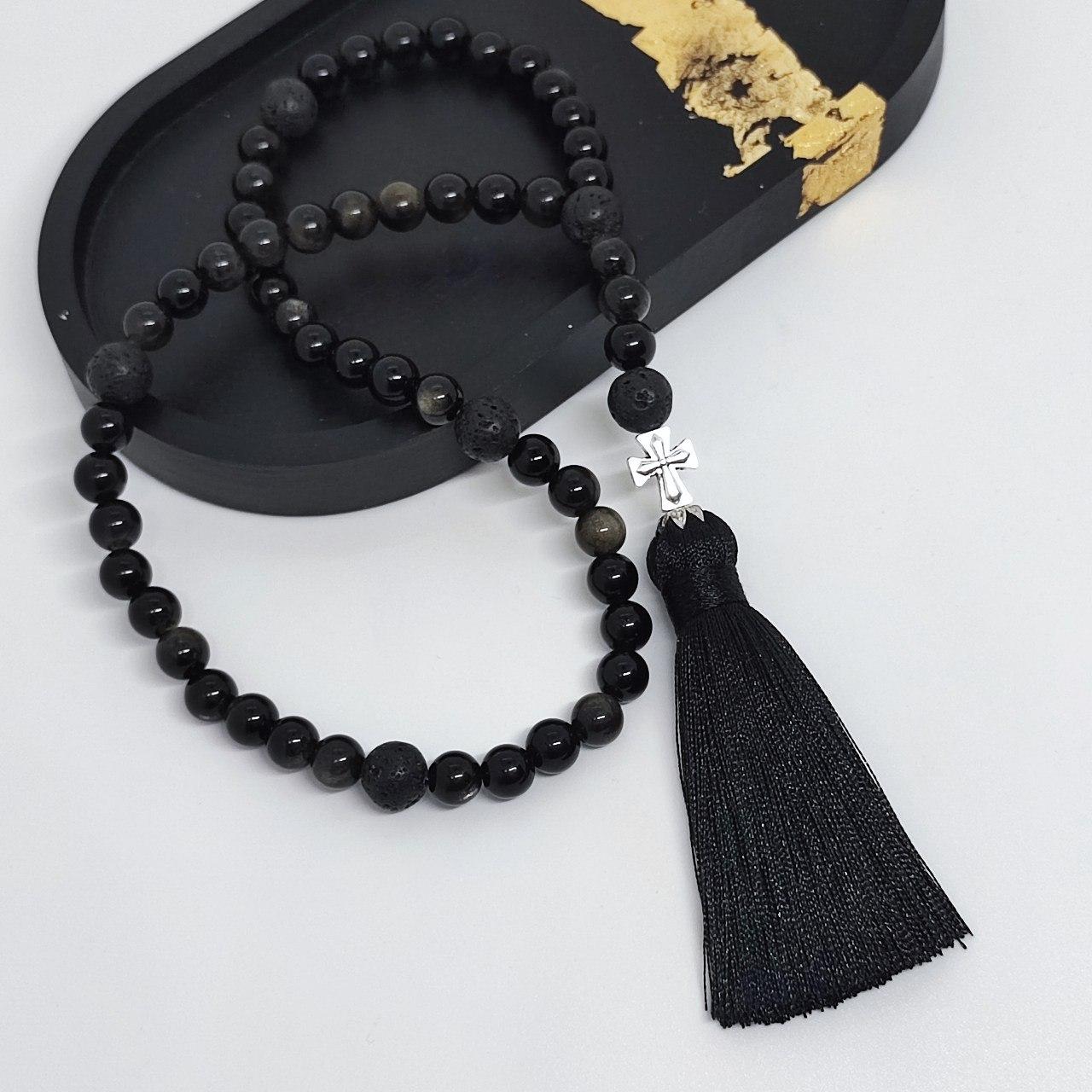 Чотки на 50 намистин з каміння обсидіан та вулканічна лава, фото 1