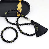 Чотки на 50 намистин з каміння обсидіан та нефрит в комплекті з браслетом, фото 3