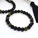 Чотки на 50 намистин з каміння обсидіан та нефрит в комплекті з браслетом, фото 4