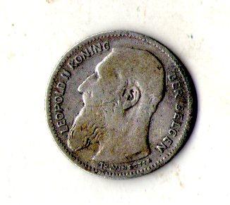 Бельгія Король Леопольд II 50 сантимів, 1907 рік срібло Напис нідерландською - 'DER BELGEN' №3123