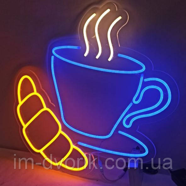 Вивіска Горнятко кави з круасаном неонова led neon 400х395 мм з блоком живлення та пультом
