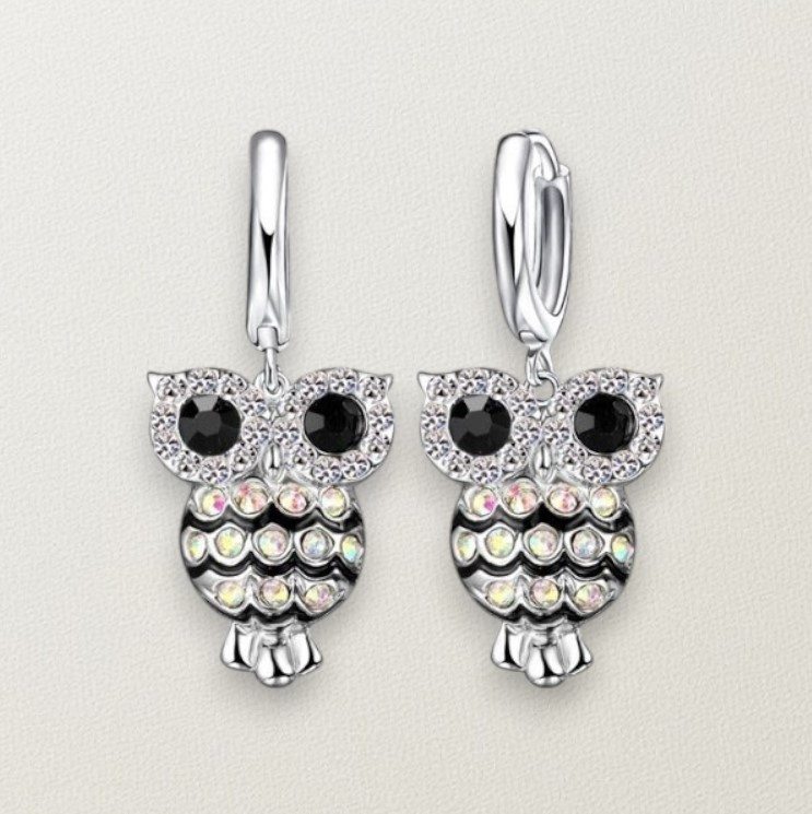 Сережки-підвіски Liresmina Jewelry срібляста сова з фіанітами та чорними очима, 3.3 см, фото 1