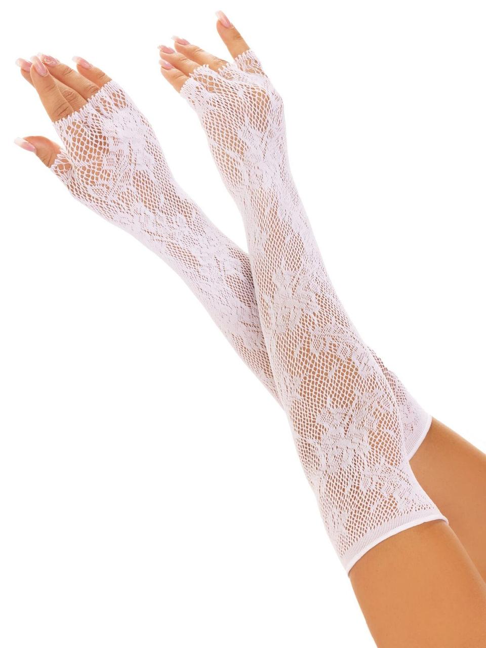 Мітенки Leg Avenue Lace Opera Length Fingerless Gloves, білі, ажурні, довжина вище ліктя, фото 1