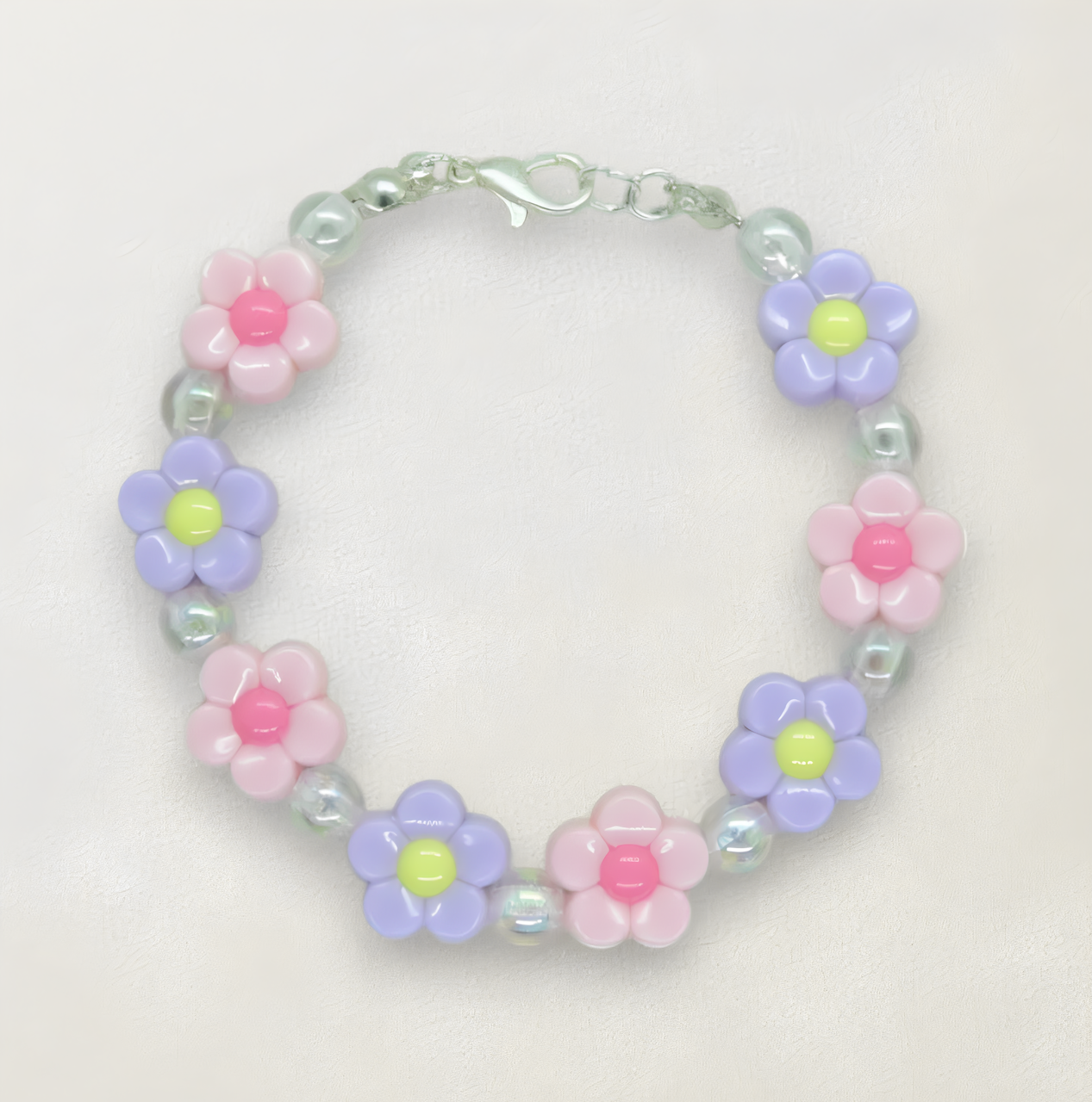 Сріблястий браслет із квіточками рожевого та фіолетового кольору, прикрашений яскравими намистинками, для дівчат, фото 1