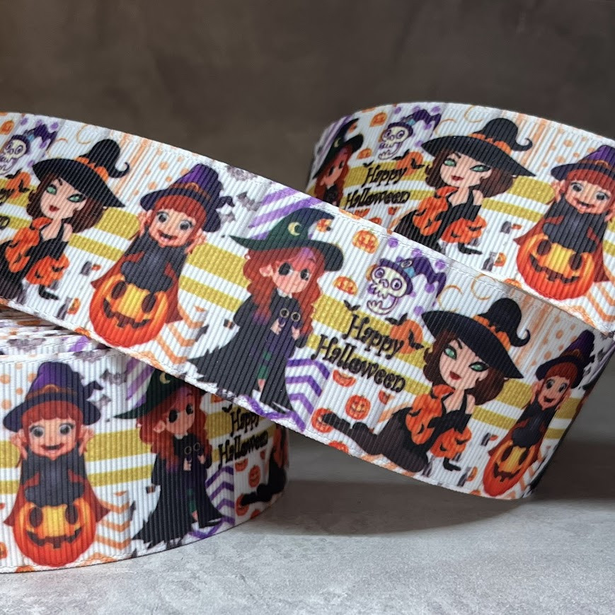 Репсова стрічка, 4 см, Happy Halloween, арт 08847, 1 метр, Різнокольоровий
