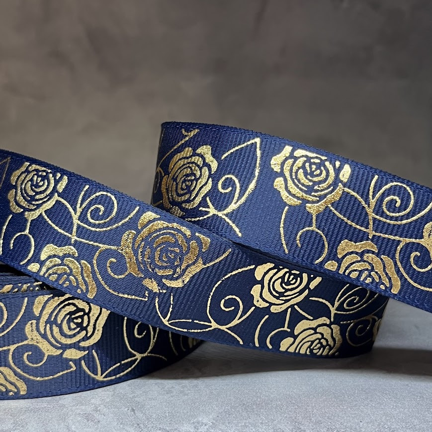 Репсова стрічка 2,5 см Троянда, колір темно-синій, метр, Темно-синій, фото 1