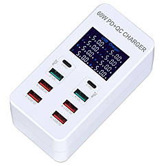 Мультизарядний пристрій на 8 портів USB з екраном A8T швидка зарядка 60 W PD+QC ( код: WLX-A8T )