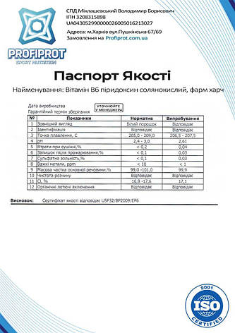 Вітамін B6 солянокислий Піридоксин гідрохлорид PROFIPROT 100 г фарм, фото 3