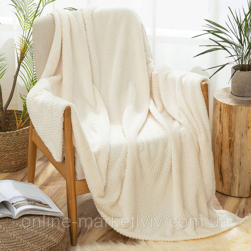 Плед двоспальний, 230х200см, Blanket, Білий / Покривало на ліжко / Плед на ліжко / Плюшевий плед покривало