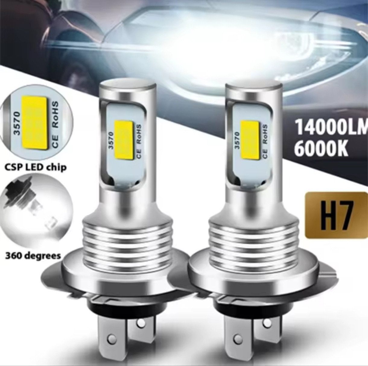 H7 2шт. светодиодные лампы для фар LED 12V 6000K