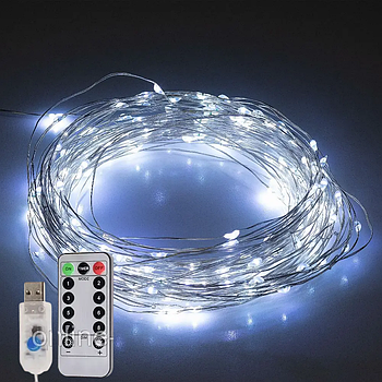 Гірлянда нитка Роса від USB, 50м, 500LED + пульт, Холодний білий / Світлодіодна новорічна гірлянда