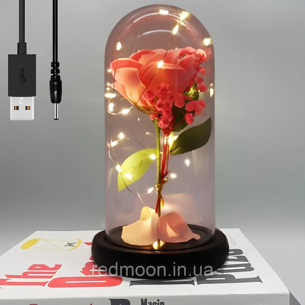 Троянда в колбі з деревом і підсвічуванням 22х8,5см, від USB, A-5, Рожева / Нічник вічна троянда / Квітка в колбі, фото 1