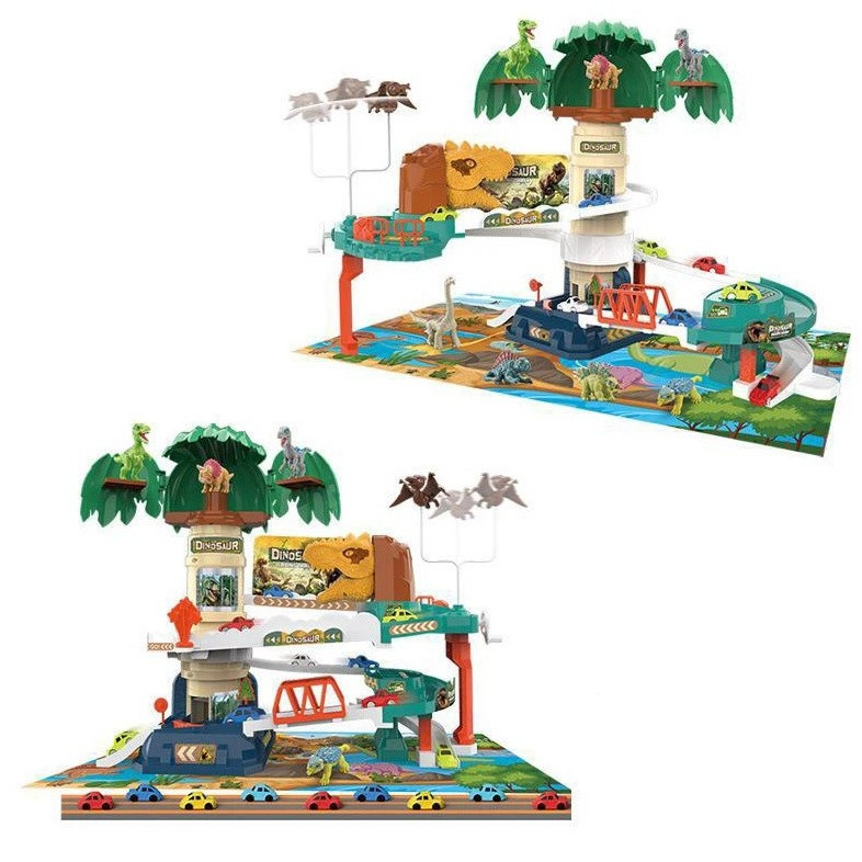 Дитячий іграшковий набір автотрек з динозаврами гоночна траса для машинок з автоматичним підйомником звук, фото 1