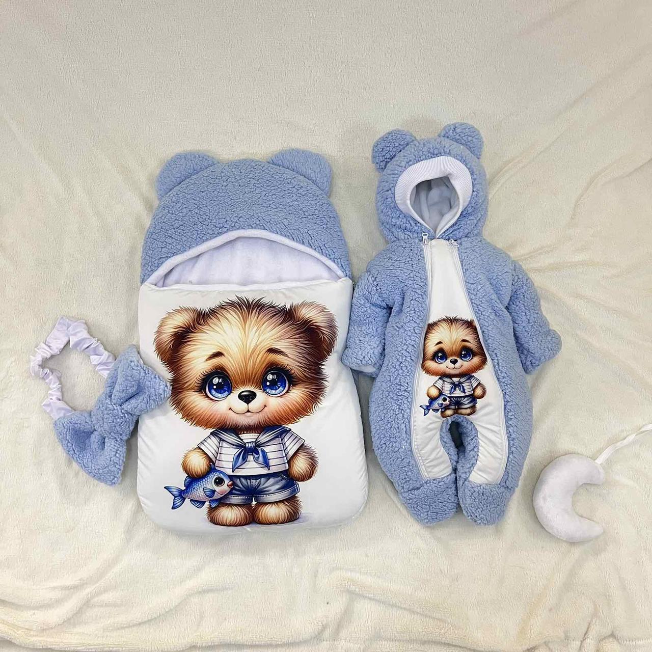 Теплий комплект Тедді з принтом ведмежа для новонароджених, 56-62 розмір, блакитний, фото 1