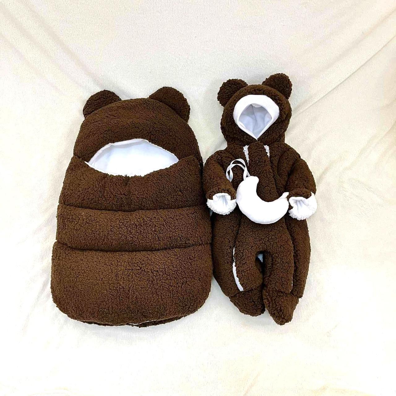 Комплект Тедді для новонароджених дітей, спальник та комбінезон 56-62 розмір, темно-коричневий, фото 1