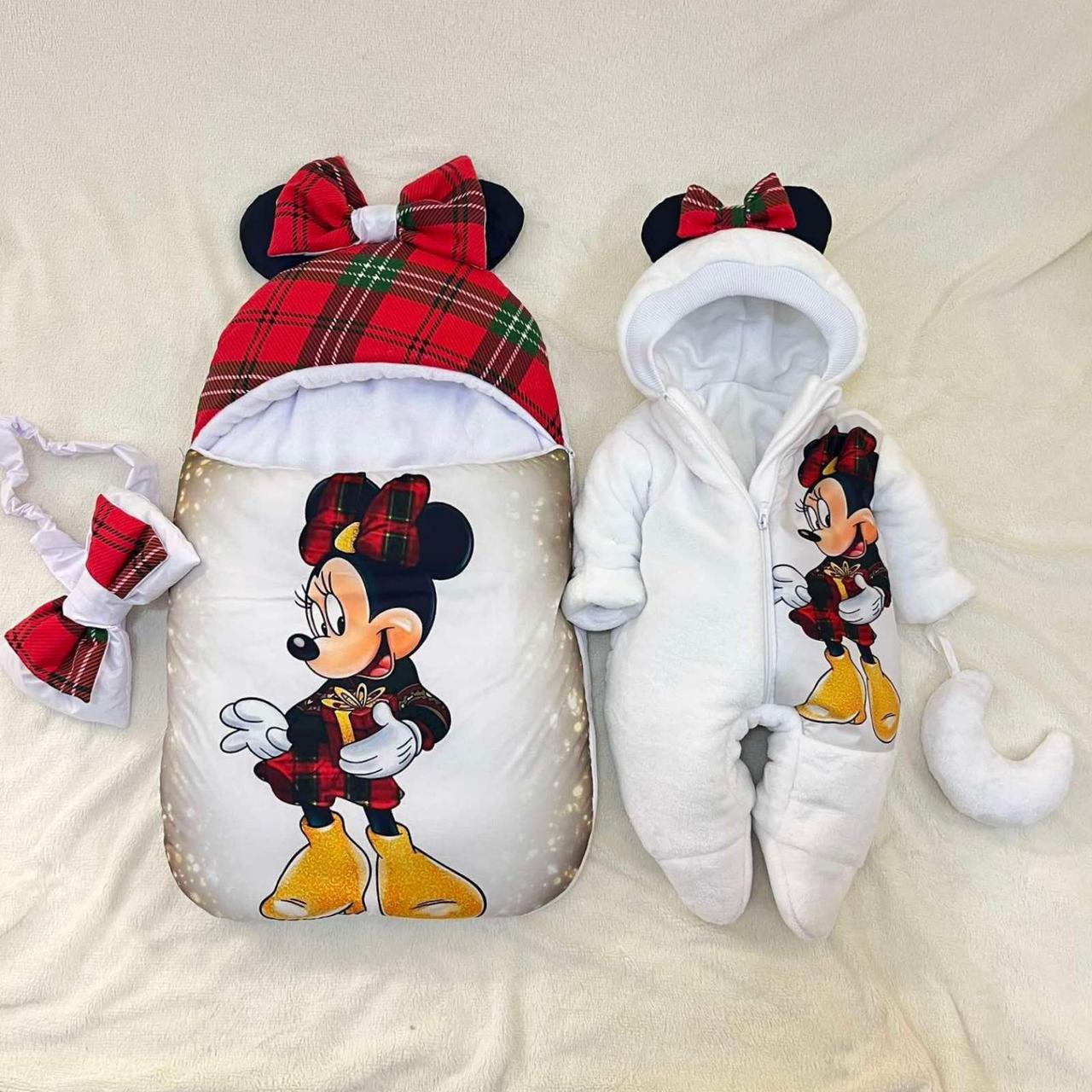 Спальник + махровий комбінезон для новонароджених дівчаток, принт Мінні у шотландському стилі, фото 1