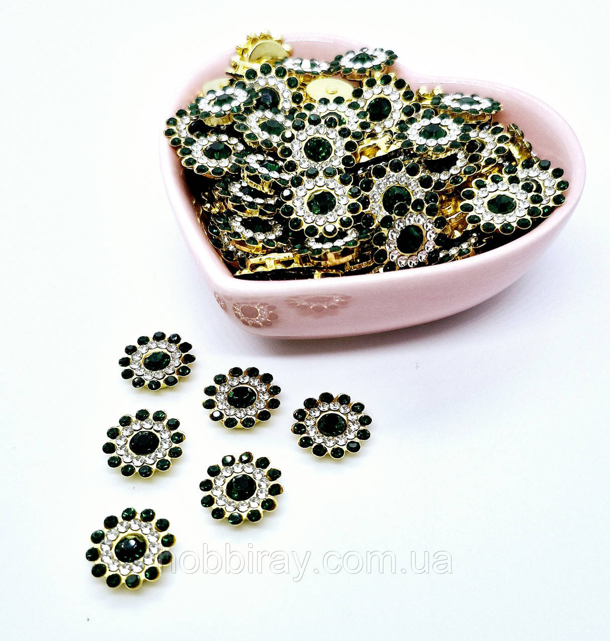Стразовий декор. 1,5 см. Скло, метал.  Пришивні. 1шт. Колір смарагд., фото 1