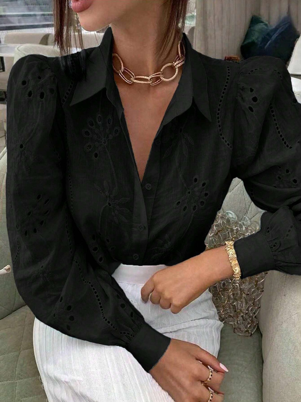 Жіноча сорочка блузка з прошви на ґудзиках із довгим рукавом, фото 1