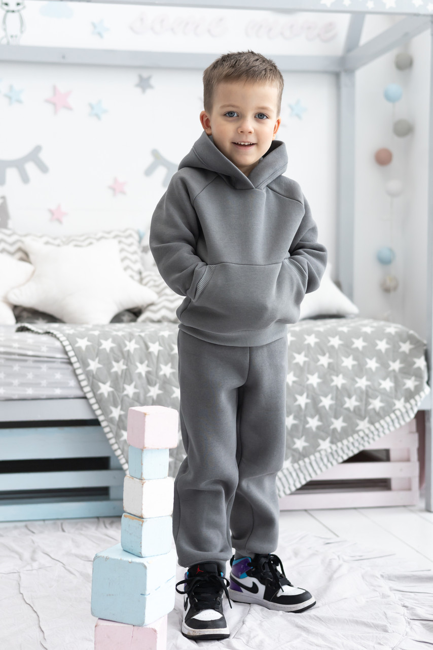 Дитячий спортивний костюм для хлопчика джоггери і худі з вушками з темно-сірої трьохнитки на флісі р. 80-104