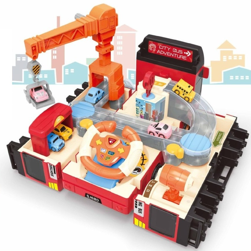 Інтерактивна іграшка хлопчику 2в1 трейлер трансформер з автотреком підйомний кран 3 машинки кермо звук світло, фото 1