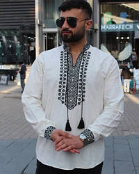 Чоловіча вишиванка, вишита сорочка білого кольору з чорною вишивкою розміри S, M, L, XL, XХL